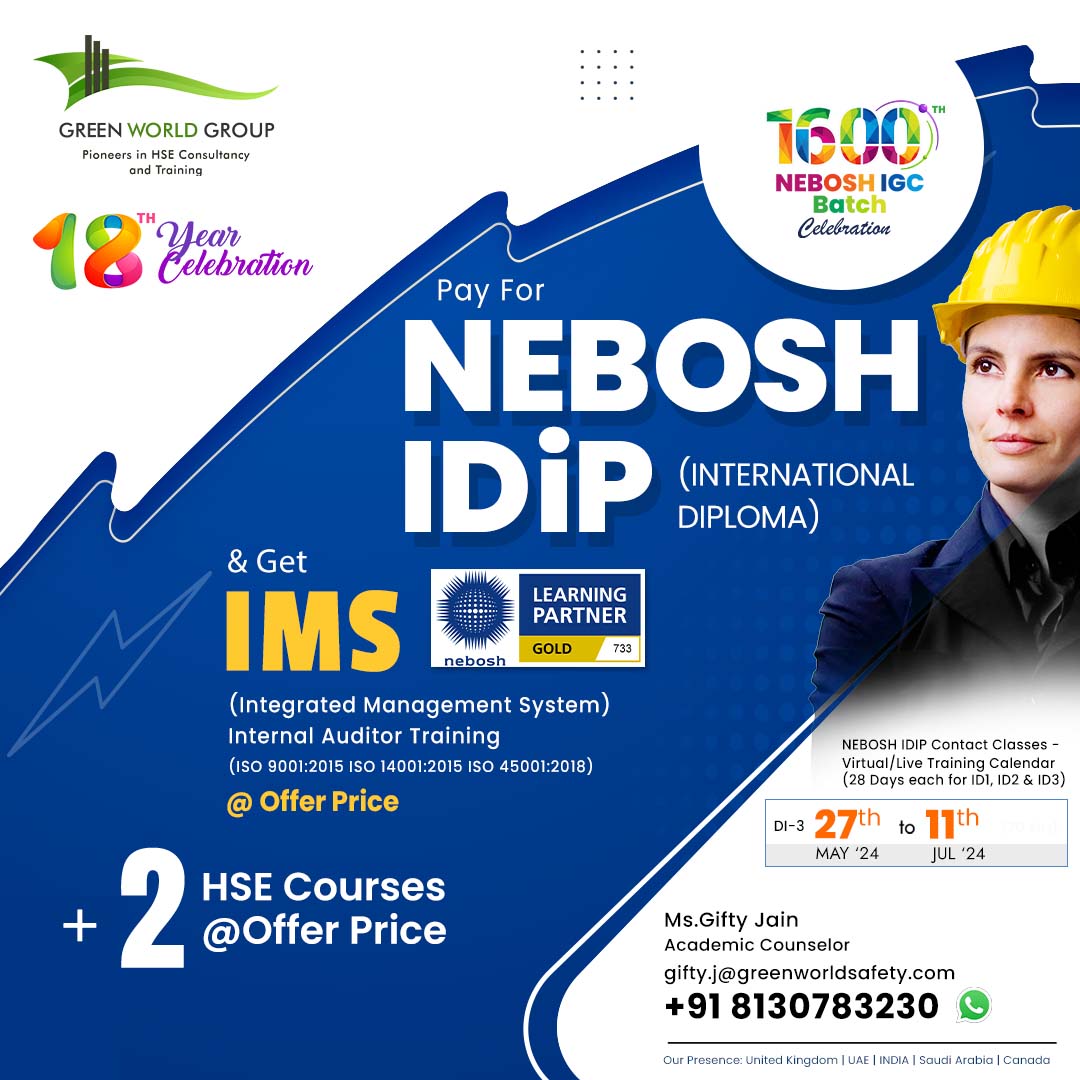 SKrushi96's tweet image. Elevate your career in health, safety, and environmental management with our exclusive #NEBOSH #IDip course 

Pay for NEBOSH IGC and get IMS + 2 HSE International Courses for FREE!

 greenwgroup.co.in/training-cours…

#neboshidip #nebosh #neboshonline  #neboshtraining #neboshcourse