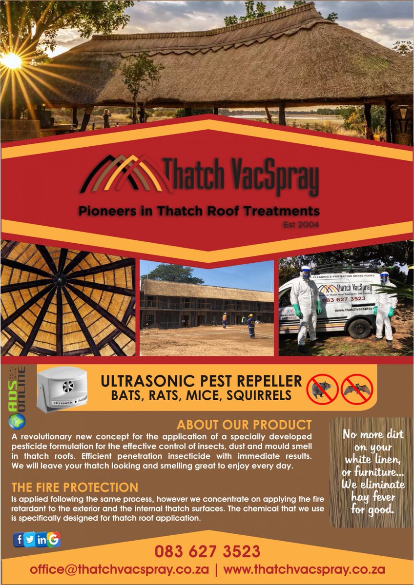 THATCHVACSPRAY | NELSPRUIT, MPUMALANGA
We take care of all your thatch bugs as well as dust, no more dirt on your white linen, or furniture, we eliminate hay fever for good.
Fire Retardant
Phone: 083 627 3523
Email address: office@thatchvacspray.co.za