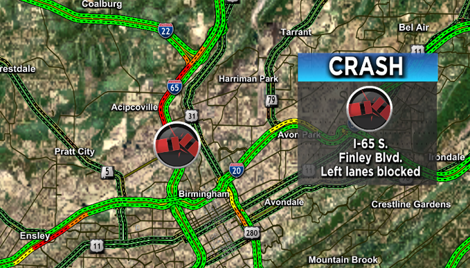 FIRST ALERT:
There is a crash on I-65 S. at Finley Blvd. The left lanes are blocked. <a href="/WBRCnews/">WBRC 6 News</a> #wbrctraffic
