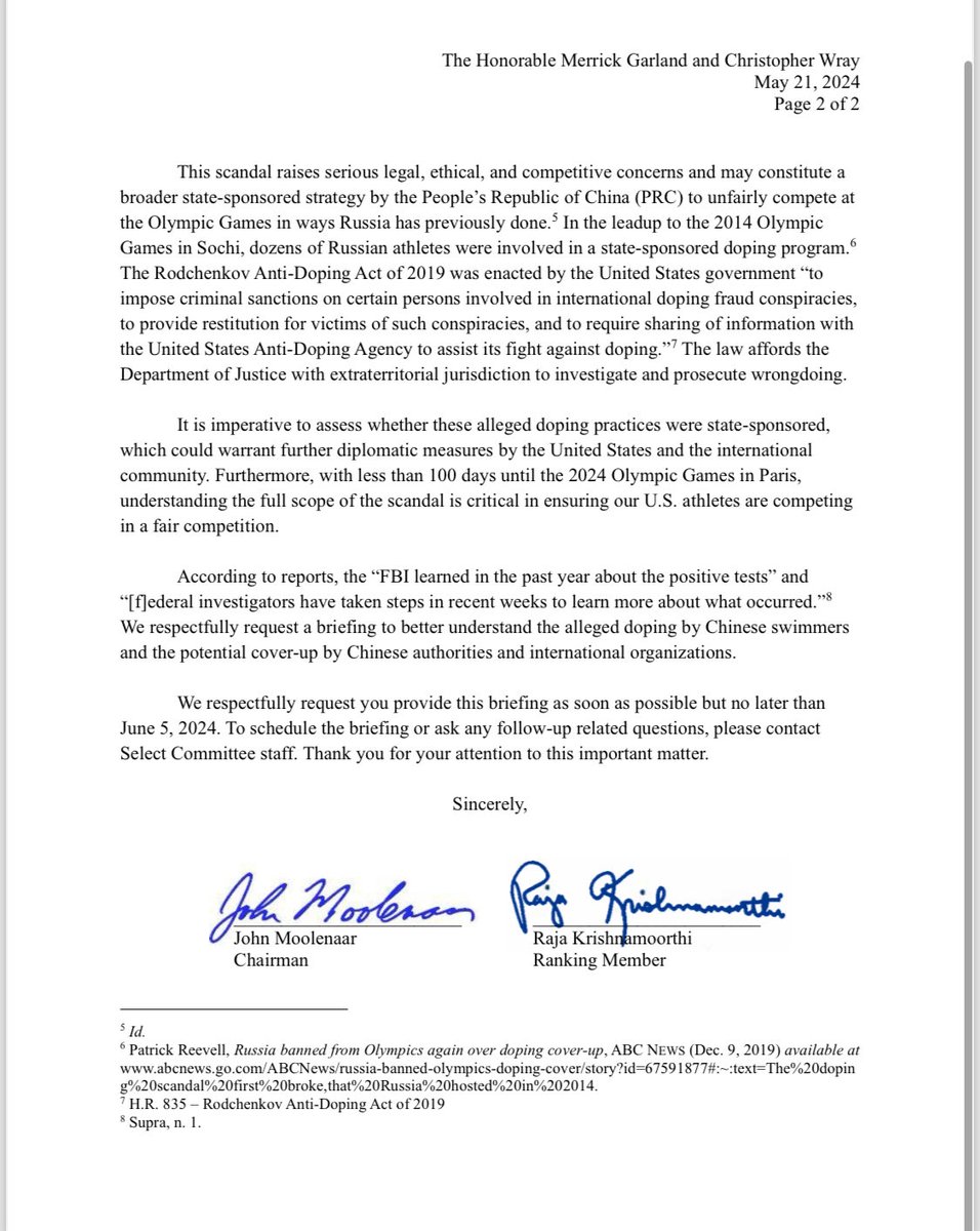 The US congress wants FBI, the Department of Justice (and the IOC… 😊) to take action in the WADA/China affair.