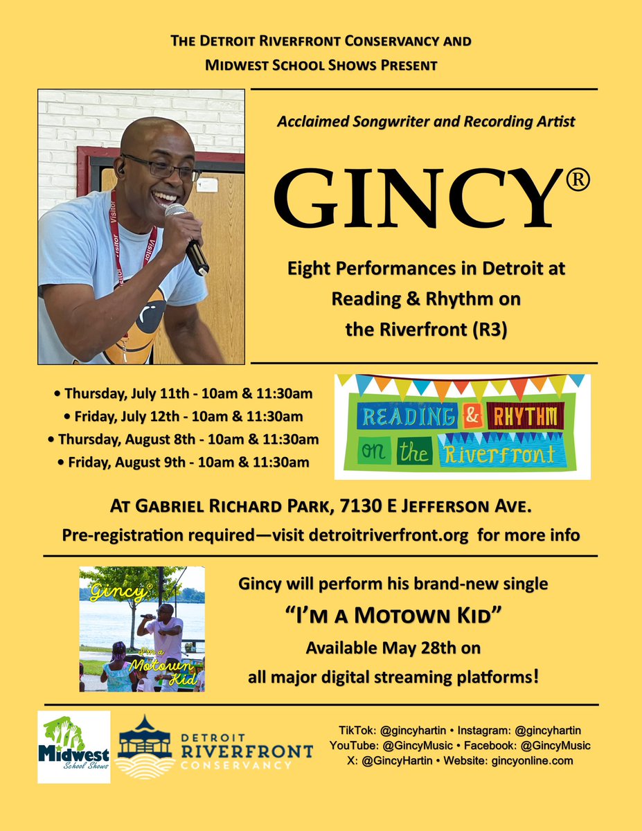 This summer marks the fourth consecutive year that I’ll be performing at Reading & Rhythm on the Riverfront in downtown Detroit, in partnership with the @DetroitRvrfrnt Conservancy and @schoolshows. And for the fourth year in a row, I’ve written a new song for the children of