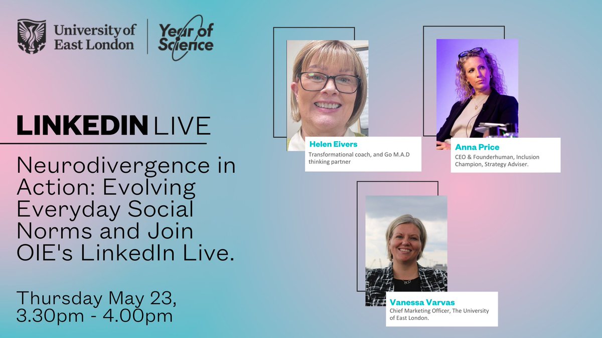 Don't miss today's LinkedIn Live event! We will be exploring Neurodivergence in Action, Evolving Everyday Social Norms hosted by Office for Institutional Equity. Watch here 👉 linkedin.com/posts/universi… @varvas_v @AnnasStrategy @HelenEivers