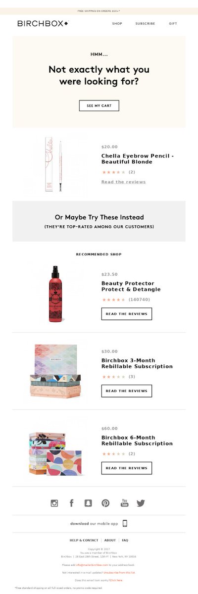 yojimmykim's tweet photo. After spending 15+ years in email marketing, my one big advice for brands is to not over-complicate.
​
Basics > Fancy Stuff
​
The Top 5 essential email types every brand MUST have👇
​
1. The Welcome Email:
​
Welcome emails is the most important email. This usually has the highest intent, they opted in to learn more. 
​
They bring in 3X more revenue than other promotional emails.
​
74% of subscribers expect a welcome email immediately in their inbox.
​
Look at how Saucey does their welcome emails 👇
​
This email is crazy good because they:
​
✔️ Are true to themselves (Pull no punches)
✔️ Are not afraid to sell (Amazing CTA)
✔️ Have an amazing USP (30 minutes)
​
A new subscriber gets every bit of information they need in one email.
​
Not too much, not too little. Just enough to seal the deal.

2. Promotional Emails:
​
No sales are complete without their promotional emails.
​
These are tied to an occasion and are amazing at creating FOMO.
​
These come with their own best practices:
​
✅ ALWAYS segment your customers
✅ A/B testing is your best friend
✅ Make offers look EXCLUSIVE
✅ Never forget about FOMO
​
Look at this "For your eyes only" email from Harry's 👇
​
Half of your work is done if you manage to do exclusivity right.
​
Early bird offers do exactly that, they:
​
✔️ Foster customer loyalty
✔️ Offer many segmentation options
✔️ Serve as a great 'trial run' before the actual launch

3. Abandoned _____ Email:
​
This has a single goal - To make people buy stuff they left in their cart/checkout or was browsing. 
​
Remind them → Get in front of them → Make them buy.
​
- Bolder CTAs than usual
- Bigger incentives (more discounts)
- Some FOMO added in (time-limited offer)
​
Birchbox uses this automated email to win their customers back 👇
​
It uses the same product to cross-sell other products as well.
​
All you need to make it work is:
​
✔️ Good copy
✔️ Simple CTAs
✔️ A little extra incentive (free shipping)

4. Product Recommendation Emails:
​
These aim to remove the prospect of virtual browsing.
​
Instead, they bring the product directly to the customer.
​
CUSTOMERS LIKE GETTING SERVED ON THE SPOON.
​
These can be integrated with a lot more stuff:
​
✅ Product recommendation quizzes 
✅ A “You might like” section 
✅ Abandoned cart emails
​
Monica Vinader's Product recommendation emails are perfect 👇
​
The email checks all the boxes:
​
✔️ Deathly personalized ("Made for you Kim") 
✔️ Clear incentive (Complimentary engraving)
✔️ Stunning product images
​
Personalization does NOT get better than this. 

#5 in the next post below 👇