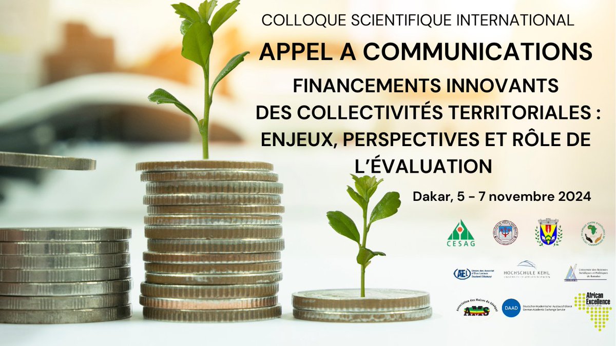 🌍 Colloque International sur FINANCEMENTS INNOVANTS DES COLLECTIVITÉS TERRITORIALES 📢
💡 Explorer les financements alternatifs innovants pour les collectivités territoriales en Afrique 🌱💰
📅 Dakar, 5-7 novembre 2024
🔍 Soumettez vos propositions: clearfa.org/wp-content/upl… 
🔗
