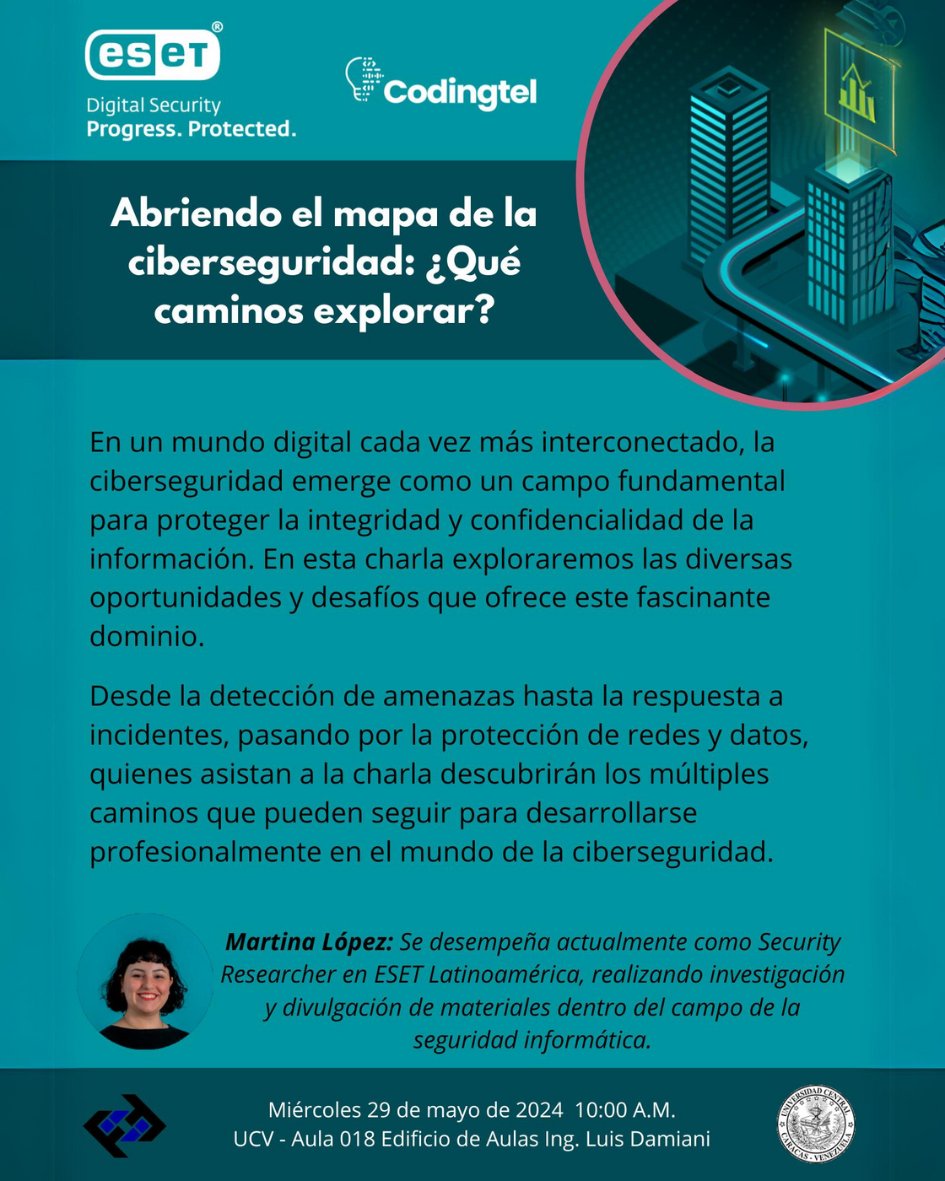 codingtel's tweet image. ¡No te pierdas esta oportunidad de embarcarte en una exploración hacia un ciberespacio más seguro y protegido!

¡Regístrate ahora, Te esperamos!

jifi-eai.ing.ucv.ve/registro-charl…

#Codingtel #Ciberseguridad #ESET #UCV @fiucv @CoordExtFIUCV @AcademicaFIUCV @eset_ve @NotiUCV
