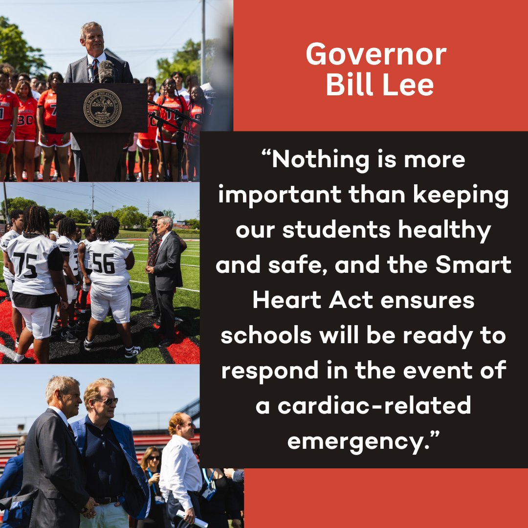 This week Tennessee @GovBillLee signed the Smart Heart Act, legislation that requires automatic defibrillators in schools & establishes response protocols for cardiac-related medical emergencies. The bill received unanimous, bipartisan legislative support. tn.gov/governor/news/…