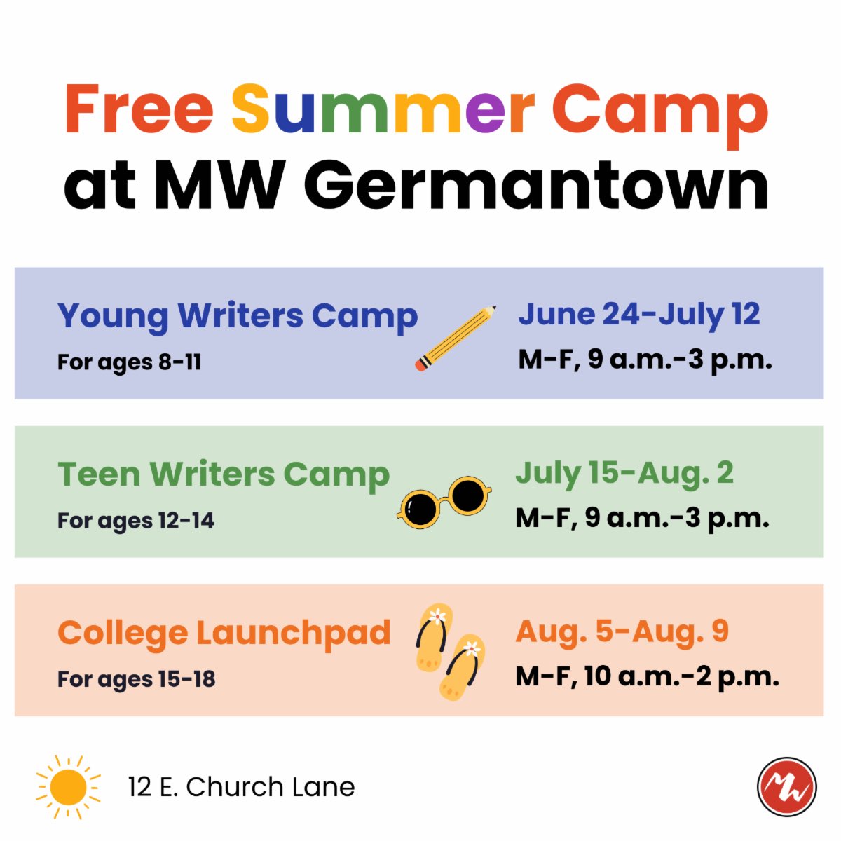 MightyWriters's tweet image. Now announcing the MW Germantown FREE summer camp! 📣

Young Writers Camp for ages 8-11: June 24-July 12

Teen Writers Camp for ages 12-14: July 15-Aug. 2

College Launchpad for ages 15-18: Aug. 5-Aug. 9