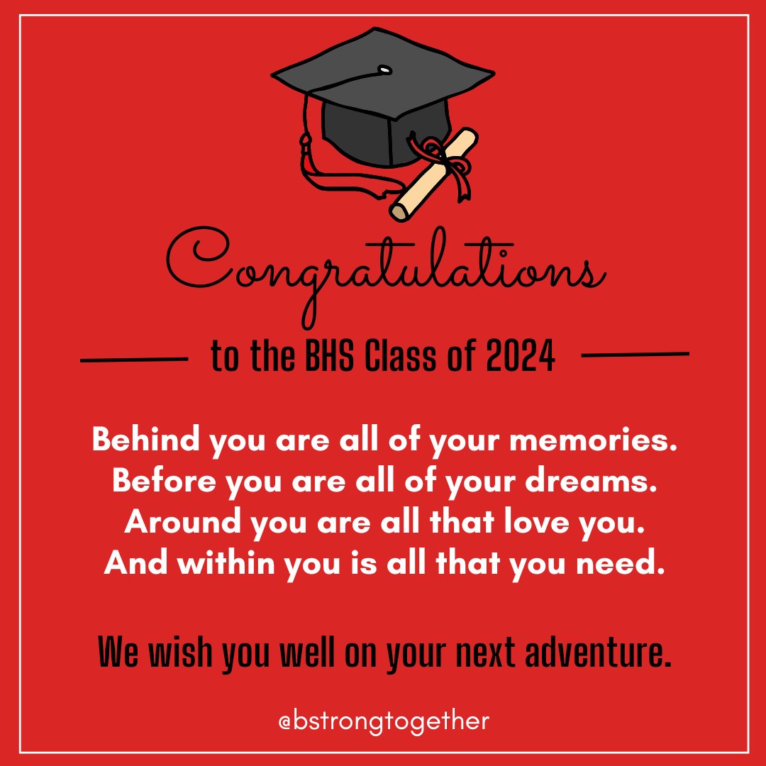 Congratulations to all of our BHS Class of 2024 graduates! 

YOU DID IT!!! 🎉🎓🎉

Wishing everyone a wonderful and safe celebration tonight. You deserve it! 💕

#bstrongtogetherbarrington #bstrongtogetherfamilies #bstrongtogetherstudents #bstrongtogethereducators