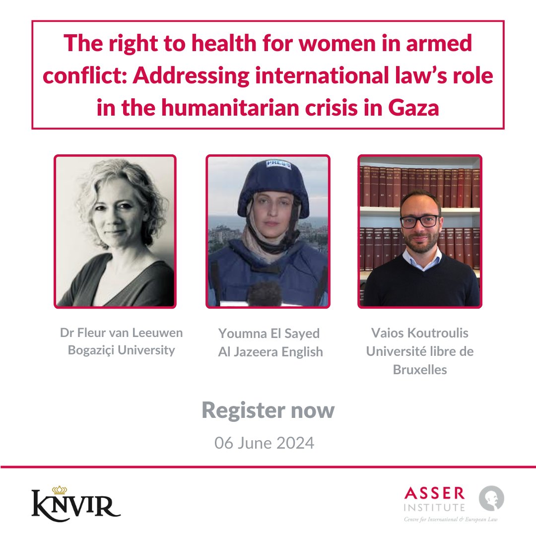 🚨Two weeks left to register for our public lecture on women’s right to health in #Gaza w/@YoumnaElSayed17 (@AJEnglish), @Fleur_Havva (@UniBogazici), & Vaios Koutroulis (@ULBruxelles). 👉🏻Join us from anywhere in the world, attend #online or in person: asser.nl/education-even…