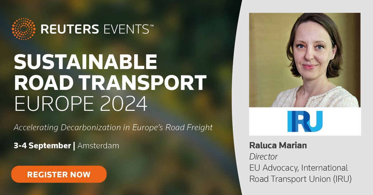 How does #roadtransport reach #carbonneutrality by 2050? IRU EU Director @ralucamarian will discuss the road ahead with over 300 transport leaders at @reutersevents’ Sustainable Road Transport Europe 2024 event ➡️ go.iru.org/GC #RESustainableRoads