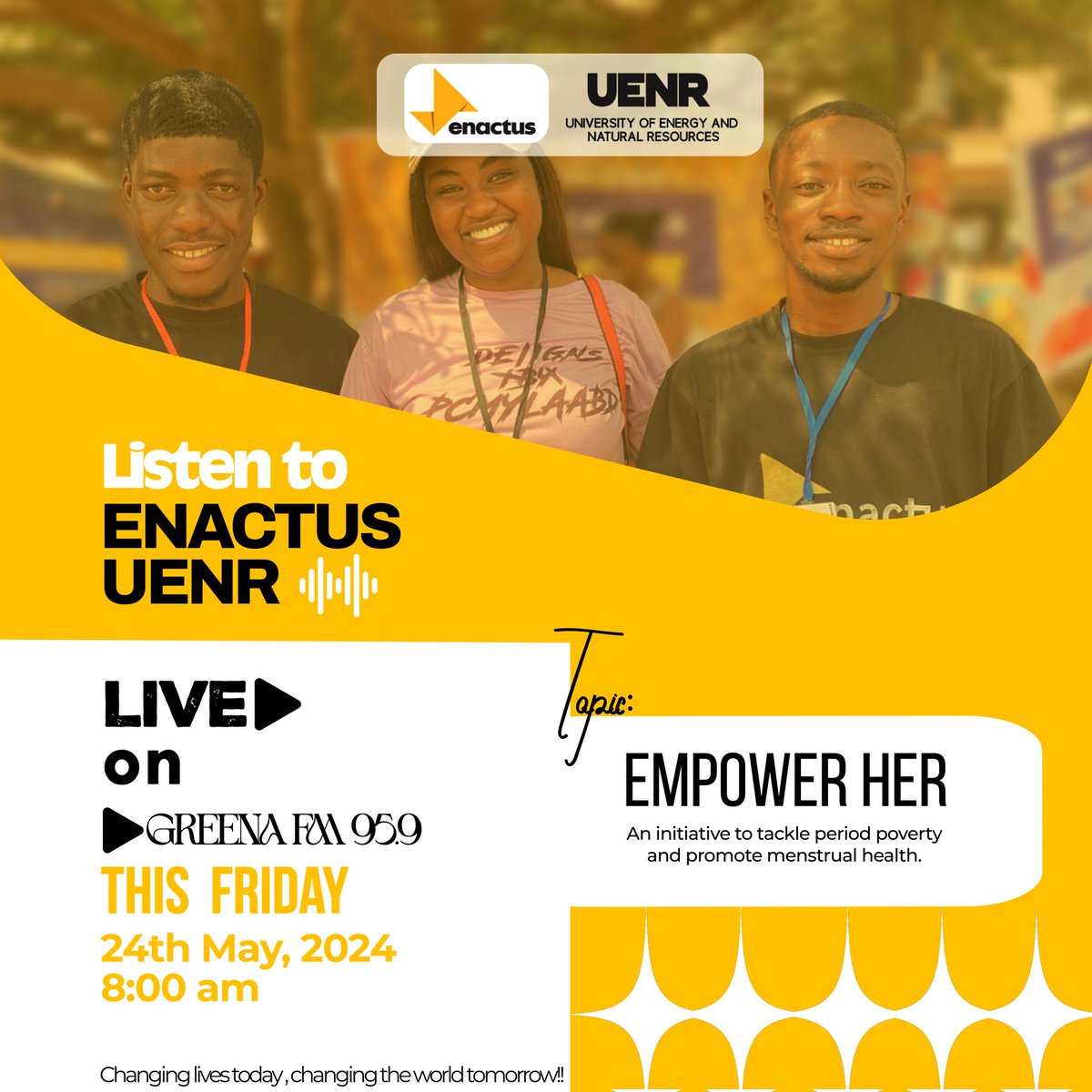Hurray... Listen to ENACTUS UENR on Greena FM 95.9 for an exciting conversation on Empower Her: a social initiative to tackle period poverty and promote menstrual health.

#endperiodpoverty #greenafm #weallwin