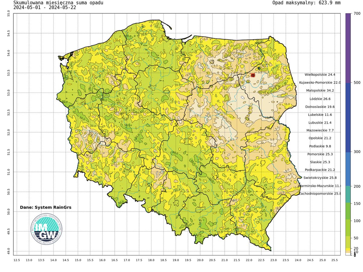 Opady burzowe, które dominują w maju, mają to do siebie, że jednym dają nadmiar, innym praktycznie nic. Tak wygląda suma opadów do 22 maja.