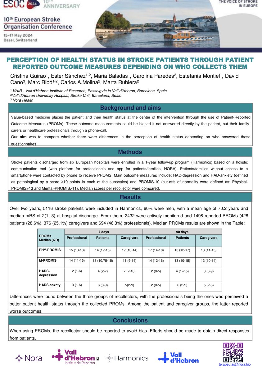 🌟Thrilled to announce our outstanding participation in the #ESOC2024 🌟 We presented a poster titled 'PERCEPTION OF HEALTH STATUS IN STROKE PATIENTS THROUGH PATIENT REPORTED OUTCOME MEASURES DEPENDING ON WHO COLLECTS THEM.' #StrokeResearch #HARMONICS #PatientReportedOutcomes