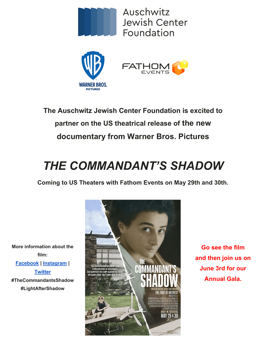 📽️ Exciting News! The Auschwitz Jewish Center Foundation is proud to partner with Warner Bros. Pictures for the US theatrical release of the new documentary, The Commandant’s Shadow!

🎬 In Theaters May 29-30 with Fathom Events.

🎥 Watch the Official Trailer:
