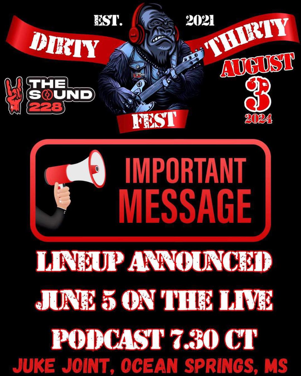 Dirty Thirty Fest returns to the @MSJukeJointBar in Ocean Springs, MS on Saturday, August 3rd. Full lineup announcement during our live podcast, Wednesday, June 5th at 7:30pm central! Vendor booths are available for purchase. Email thesound228@gmail.com for info and availability