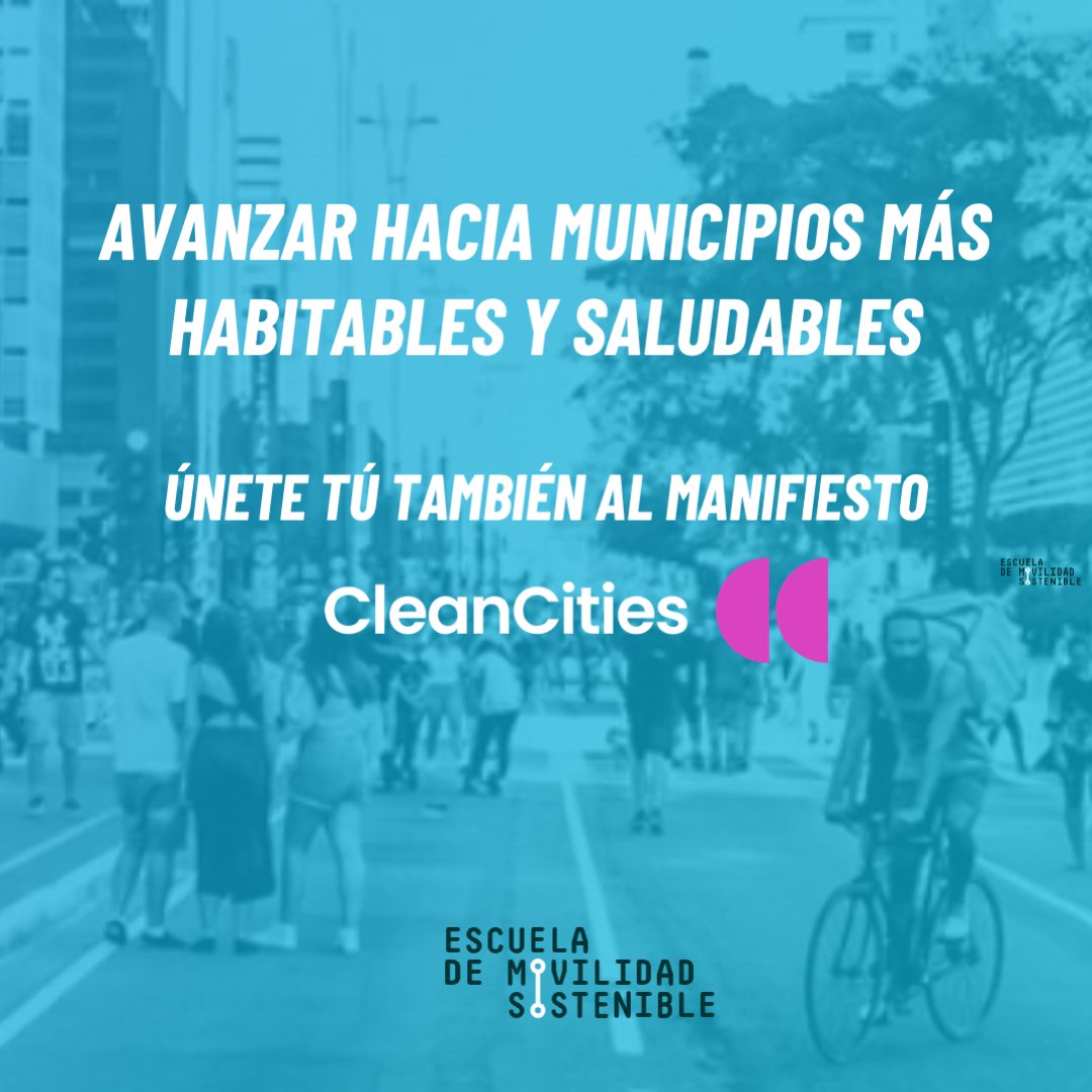 ✅La Escuela de Movilidad Sostenible se adhiere al manifiesto de @cities_clean que anima a instituciones locales a adoptar medidas que reduzcan la contaminación, mejoren la calidad del aire y transformen el espacio público para las personas. Únete 👉 spain.cleancitiescampaign.org/petitions/unet…