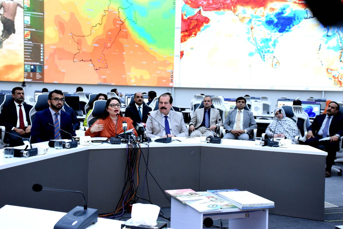 Coordinator to PM on Climate Change addresses media conference at the NDMA headquarters in Islamabad on May 23, 2024 as a part of joint efforts to create awareness among the masses about hazardous impacts of heatwaves in the country.