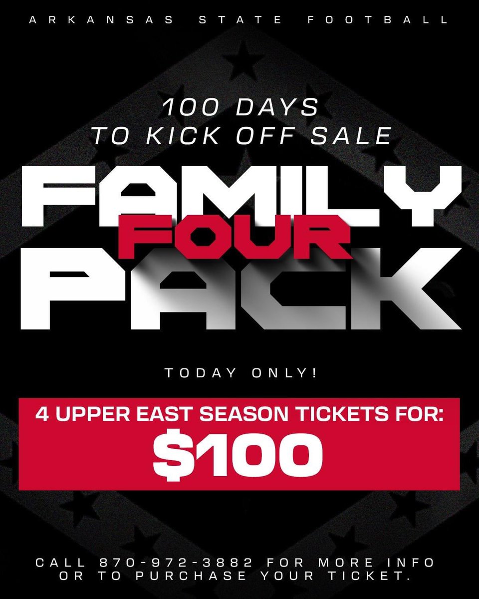 It's just 100 days to @AStateFB kickoff, and that makes today the perfect day to get your season tickets! And to make it even more perfect, we are offering our Family Four Pack of Upper East season tickets for just $100! That comes out to $4.17 per ticket to bring your crew out