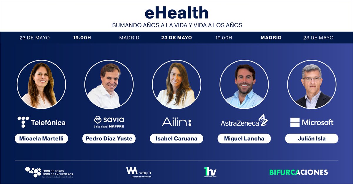 Bifurcaciones by 1hv (@bifurcaciones_) on Twitter photo Nos vemos esta tarde.
#eHealth: “Sumando años a la vida y vida a los años". By @WayraES, <a href="/forodeforos/">Foro de Foros</a> y #1hvOneHundredViews.
Registro en bifurcaciones.com/ehealth/
Ponentes: <a href="/Telefonica/">Telefónica</a> <a href="/TE_empresas/">Telefónica Empresas</a> <a href="/saludsavia/">Savia</a>
<a href="/MAPFRE_ES/">MAPFRE España</a> #AilinHealth <a href="/AstraZenecaES/">AstraZeneca España</a> <a href="/MicrosoftES/">Microsoft España</a> <a href="/foundation29feb/">Foundation 29</a> Nos vemos esta tarde.
#eHealth: “Sumando años a la vida y vida a los años". By @WayraES, <a href="/forodeforos/">Foro de Foros</a> y #1hvOneHundredViews.
Registro en bifurcaciones.com/ehealth/
Ponentes: <a href="/Telefonica/">Telefónica</a> <a href="/TE_empresas/">Telefónica Empresas</a> <a href="/saludsavia/">Savia</a>
<a href="/MAPFRE_ES/">MAPFRE España</a> #AilinHealth <a href="/AstraZenecaES/">AstraZeneca España</a> <a href="/MicrosoftES/">Microsoft España</a> <a href="/foundation29feb/">Foundation 29</a>