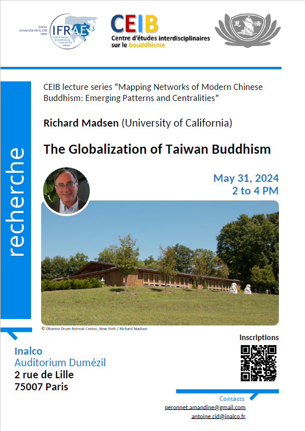 L'Ifrae et le CEIB ont le plaisir de vous inviter à la conférence :
"The Globalization of Taiwan Buddhism"

📅Vendredi 31 mai 2024, 14h-16h
📍 Maison de la Recherche, 2 rue de Lille, Paris

Plus d'informations👇
inalco.fr/evenements/glo…