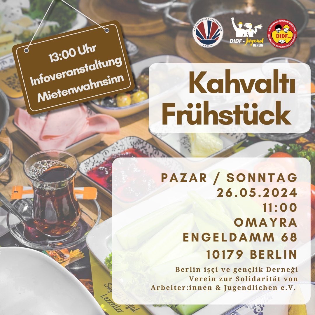 Am Sonntag gibt’s Frühstück mit <a href="/DIDF1/">DIDF</a> und <a href="/DIDFJugend/">DIDF-Jugend</a> und Infos zur Mietendemo!
Kommt vorbei. 
✊ Kira çok yüksek!