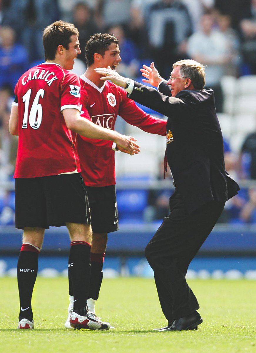 Sir Alex Ferguson goes in for a hug at full-time after United came from 2 goals down to beat Everton 4-2 and go 5 points clear at the top of the table. Goodison Park, April 2007.