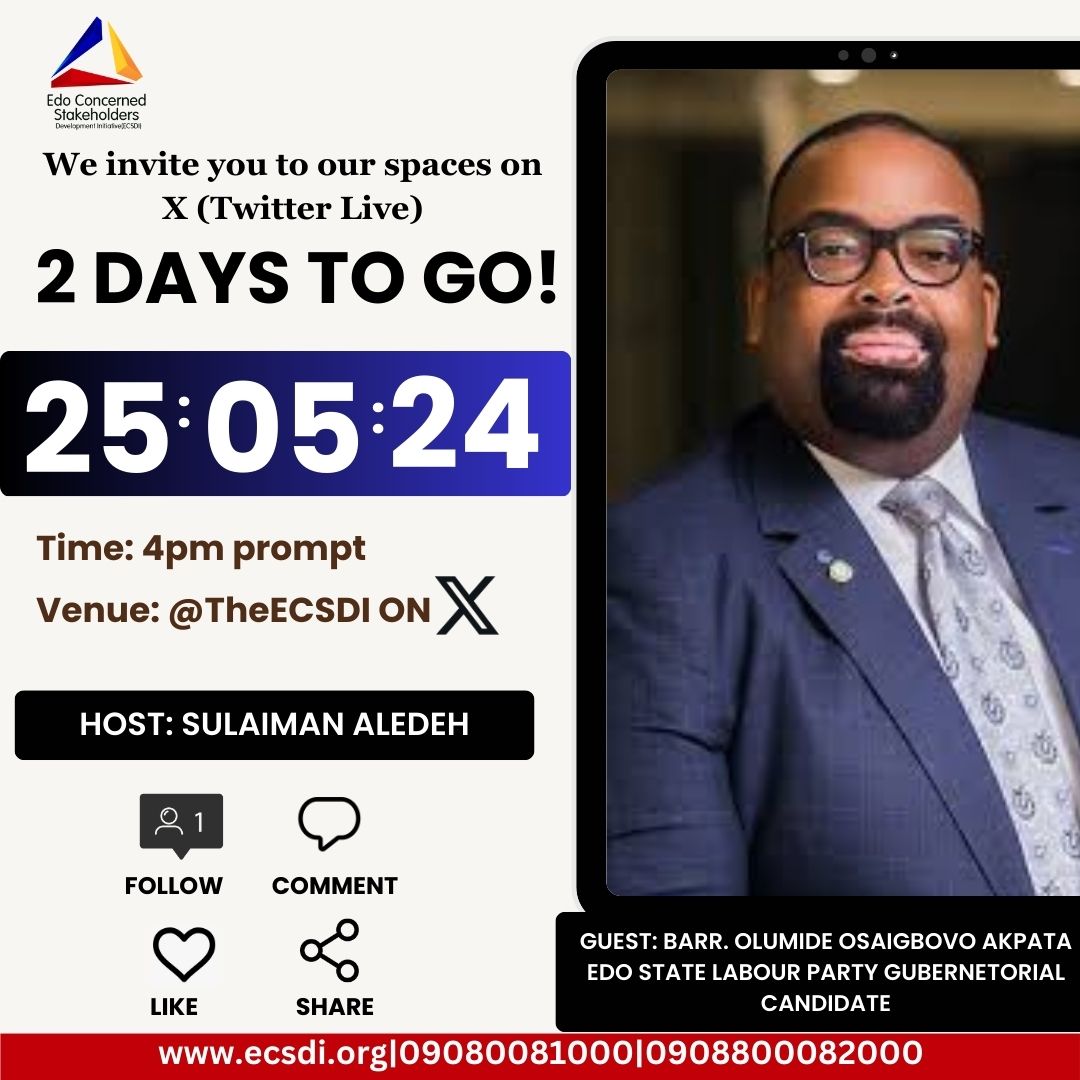 Two more days to go.
Topic: POWER, POLICIES &amp; POLITICS* 
Barr Olumide Akpata, the LP Governoship candidate will be a guest on our Twitter handle on Saturday the 25th of May 2024 at 4pm.  Please share widely and be sure to follow so you can join the live conversations.