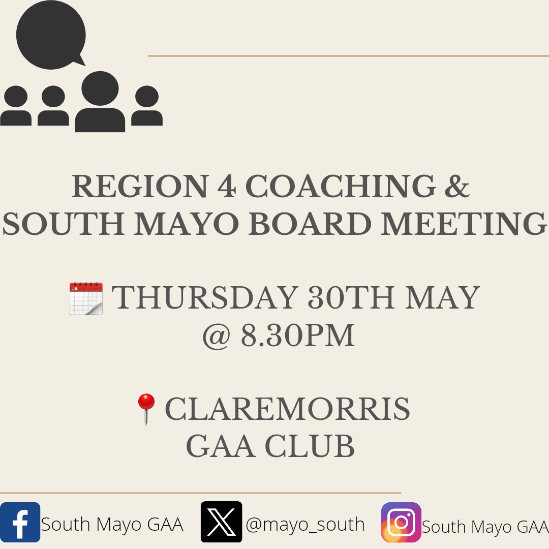 South Mayo GAA (@mayo_south) on Twitter photo A Region 4 Coaching & South Mayo GAA Board meeting will take place in <a href="/claremorrisgaa/">Claremorris GAA</a> Club next Thursday 30th May at 8.30pm.
The agenda has been emailed to all Club Secretaries. All clubs are asked to be represented. A Region 4 Coaching & South Mayo GAA Board meeting will take place in <a href="/claremorrisgaa/">Claremorris GAA</a> Club next Thursday 30th May at 8.30pm.
The agenda has been emailed to all Club Secretaries. All clubs are asked to be represented.