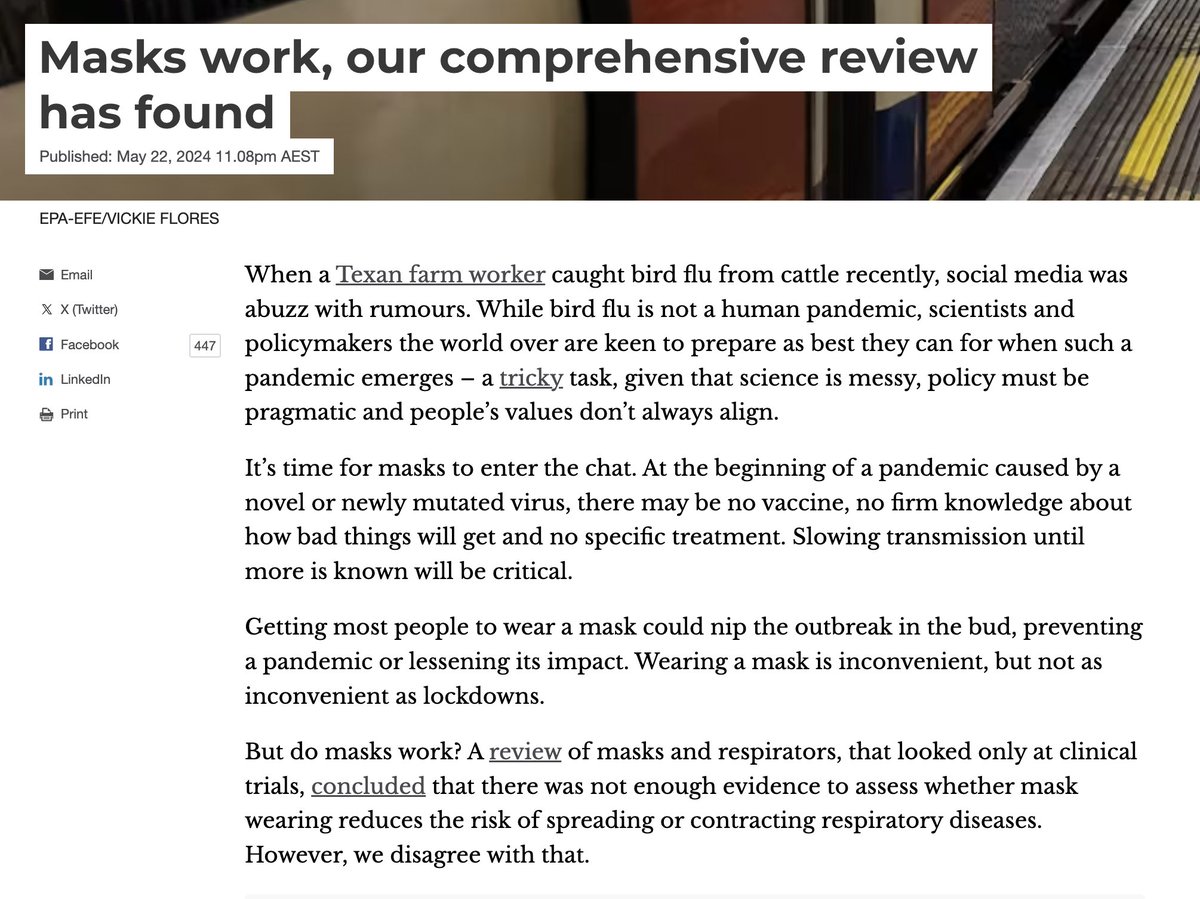 Masks work. IF YOU WEAR THEM. How do I know? Both I and @CallMeSafetyMom are over four years into a pandemic where we work daily with patients with worse respiratory symptoms than we have ever previously seen and we have not had a single day of illness. theconversation.com/masks-work-our…