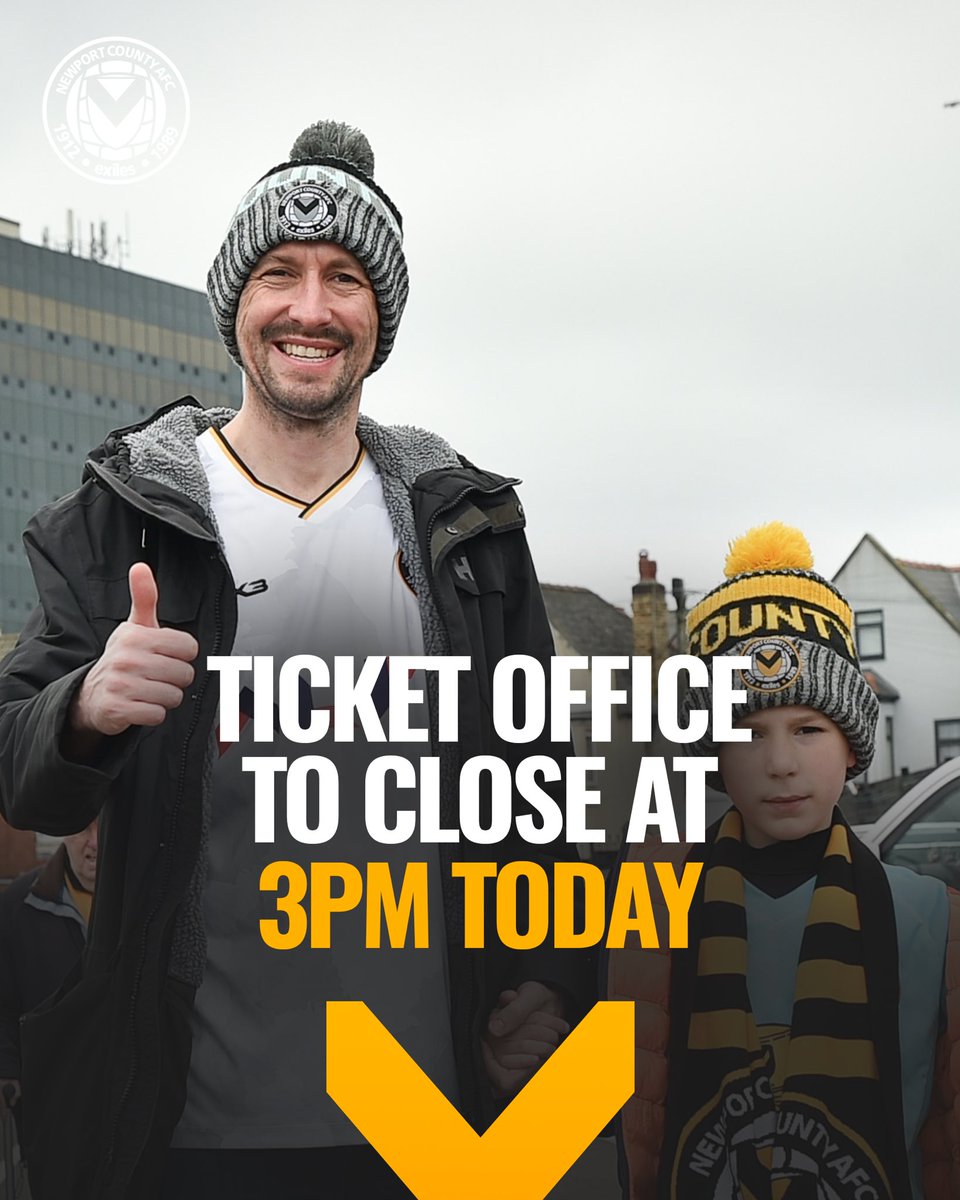 Supporters should be advised that the Rodney Parade ticket office for Newport County sales will be closing at 3pm today ❌ The ticket office will return to its normal hours from Friday onwards ⤵️ #NCAFC