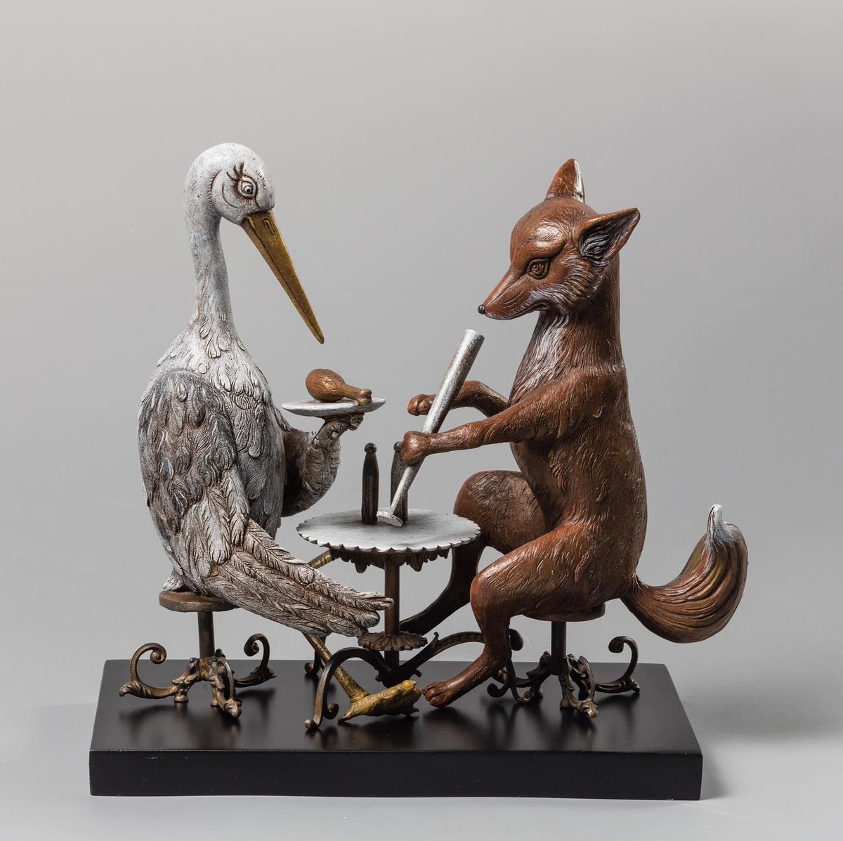 A narrative you can really escape into! The Fox and The Stork by bos-art 12 x 11 x 7 in. Bronze with polychrome patina Edition of 9