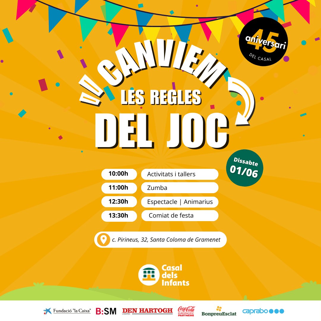 🎉Després de celebrar el 45è aniversari del Casal dels Infants a cada barri on actuem, és el torn de @cinfants_stco! L'última festa, com les anteriors, estarà plena d'activitats, tallers, diversió i molta música! 🗓️ 01/06 ⏰ 10-14h 📍 carrer Pirineus 32, Sta. Coloma de Gramenet