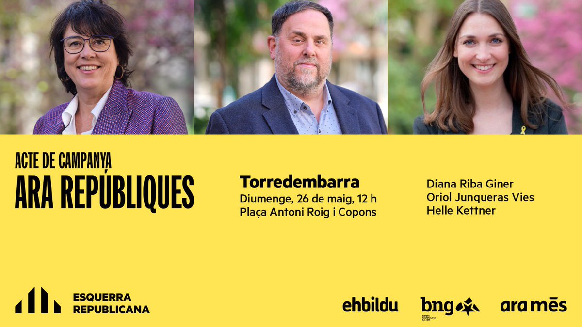 📢 Diumege 26, a les 12 del migdia, a Baix a Mar, acte de les eleccions europees #AraRepúbliques, amb <a href="/junqueras/">Oriol Junqueras 🎗️</a> <a href="/DianaRibaGiner/">Diana Riba i Giner</a> i <a href="/HelleKettner/">Helle Kettner</a>. T’hi esperem!