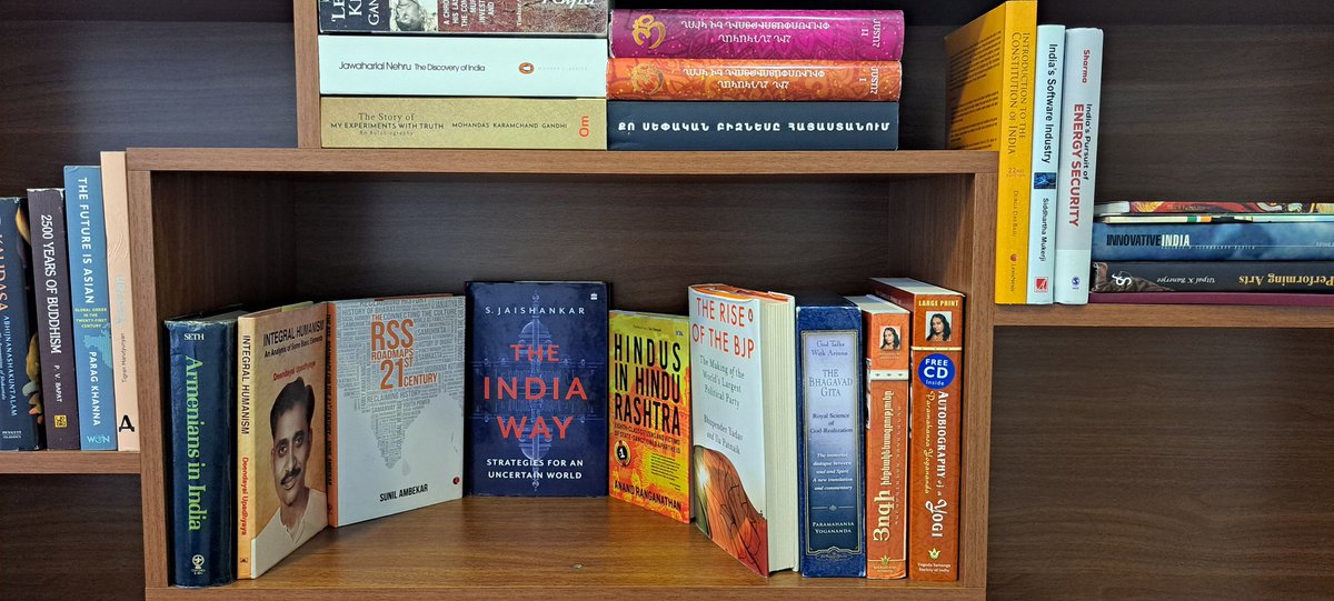 My office bookshelf is radiating Sanghi vibes this morning 😅 From #DeendayalUpadhyaya's 'Integral Humanism', @DrSJaishankar's 'The India Way', @SunilAmbekarM ji's 'The @RSSorg Roadmaps For The 21st Century', @ARanganathan72'a 'Hindus In Hindu Rashtra' & @byadavbjp's 'The Rise