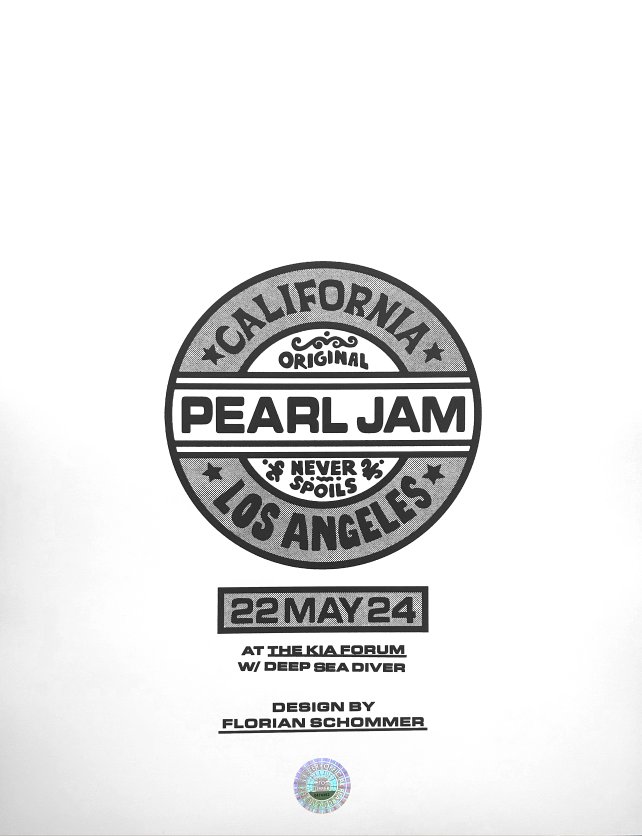 Pearl Jam - Los Angeles AP €110.00. Available on May 23rd from 3PM (Central European Time)+++ Limited Edition of 107. 7 colored Screenprint on Craftpaper. Signed & numbered on the frontside of the print by Artist (Florian Schommer). schommer.bigcartel.com/product/pearl-…