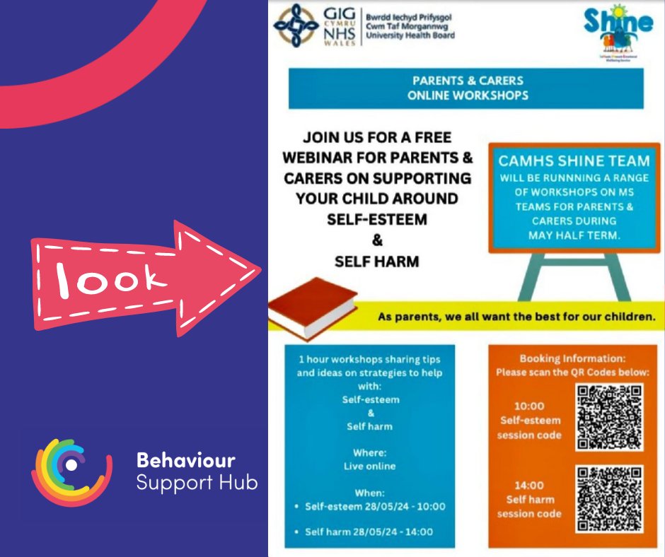 CAMHS SHINE team will be running online workshops across half-term school holidays for parents of children and young people across Cwm Taf Morgannwg Health Board. The sessions on Tuesday 28th May 2024, will discuss Self-esteem & Self Harm. Please contact them directly to book.