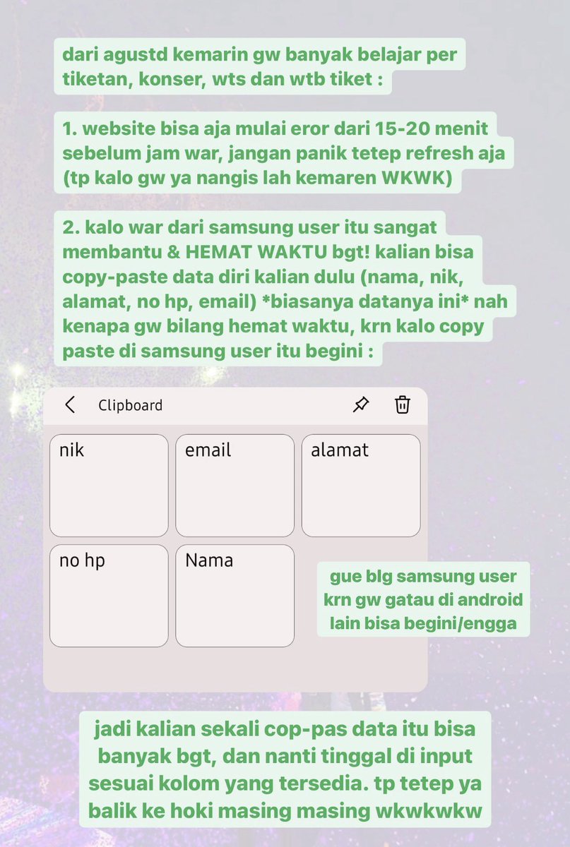 jaeyunjin_'s tweet image. ✨ TIPS AND TRICK TICKETING ✨

⚠️disclaimer⚠️

aku gapernah pake jastip, karena alhamdulillah punya temen yang hobinya war tiket (jadi kayak punya private tim war😂) 

but here’s some tips for you guys! I hope it will help you❤️

semua website ada +- tergantung demand🤓