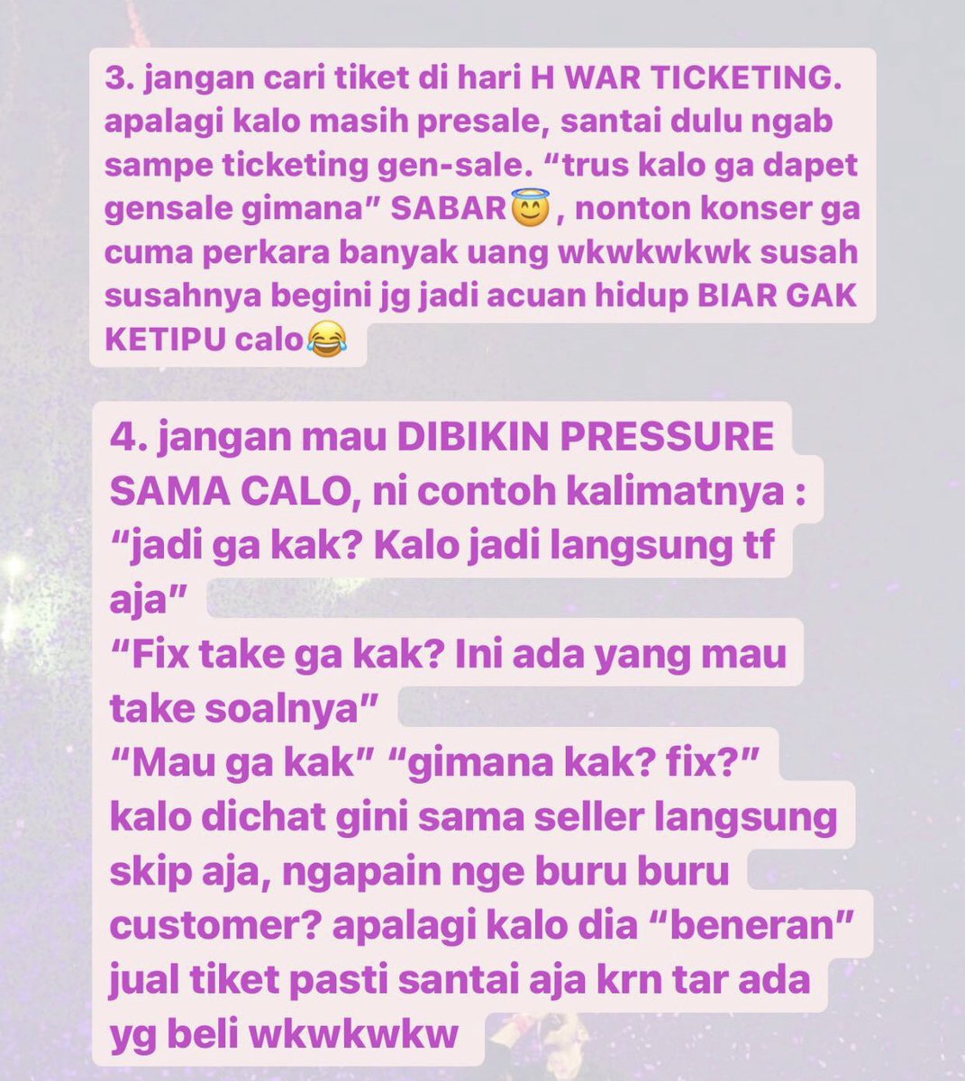 jaeyunjin_'s tweet image. ✨ TIPS AND TRICK TICKETING ✨

⚠️disclaimer⚠️

aku gapernah pake jastip, karena alhamdulillah punya temen yang hobinya war tiket (jadi kayak punya private tim war😂) 

but here’s some tips for you guys! I hope it will help you❤️

semua website ada +- tergantung demand🤓