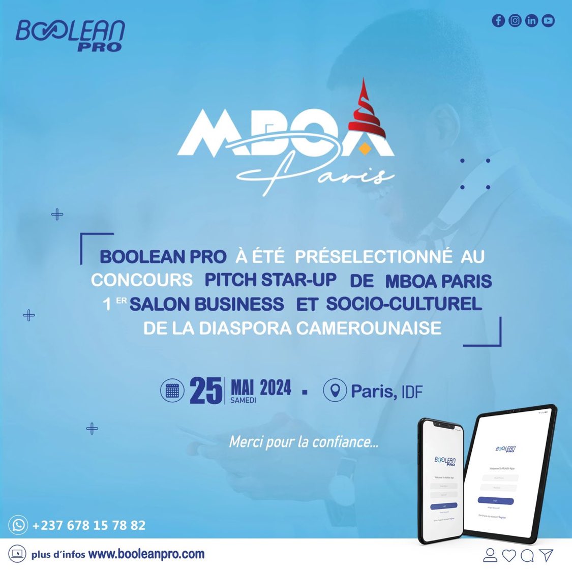 Boolean237's tweet image. Nous sommes ravis de vous annoncer que BooleanPro a été présélectionné au concours PITCH START-UP organisé par MBOA PARIS, le premier salon business et socio-culturel de la diaspora camerounaise !
Un grand merci à l'équipe MBOA PARIS  pour votre confiance. 
#BooleanPro #MBOAParis