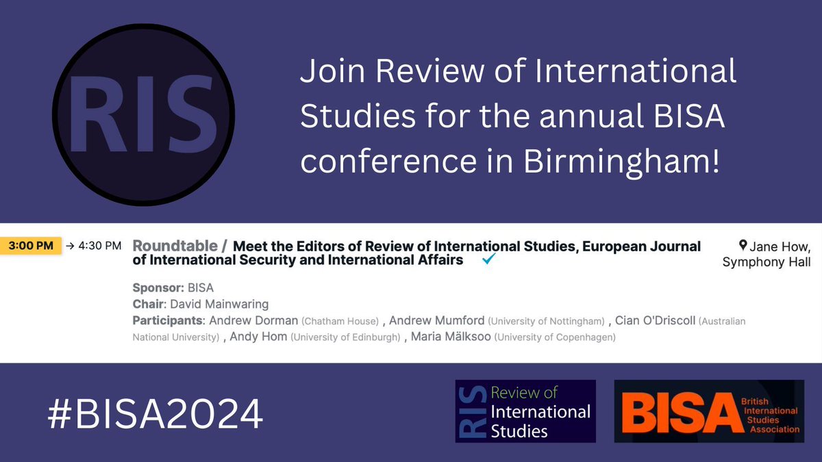 Will you be at #BISA2024? On Thursday, June 6 our editors @MMalksoo, @CianODriscoll79, and @TheRealistHom will take part in a Meet The Editors roundtable. Join us to learn more about publishing best practices 👇 buff.ly/47SeB6D @MYBISA @CUP_PoliSci