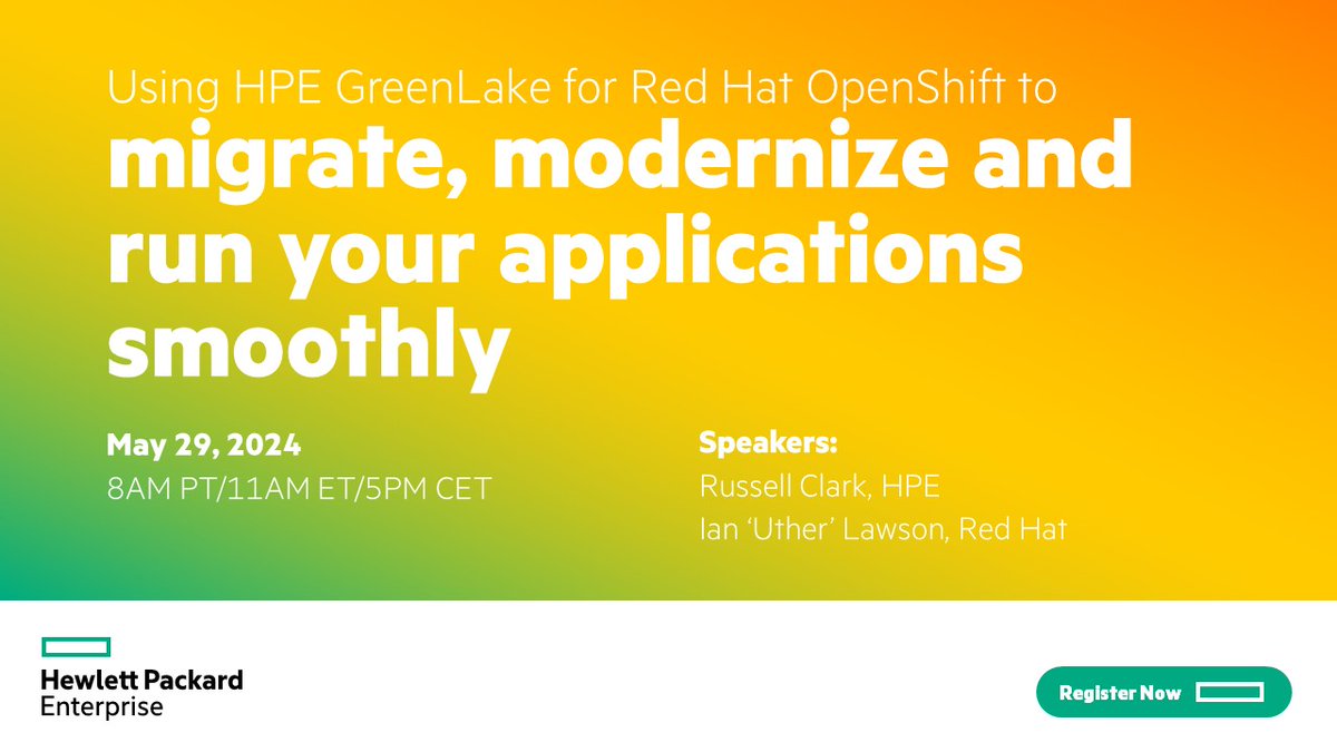 It's right around the corner! Make sure you've registered for the HPE Developer Meet up highlighting the use of HPE GreenLake for Red Hat OpenShift to migrate, modernize & run applications. May 29th - Be there!  hpe.to/6010d20dy