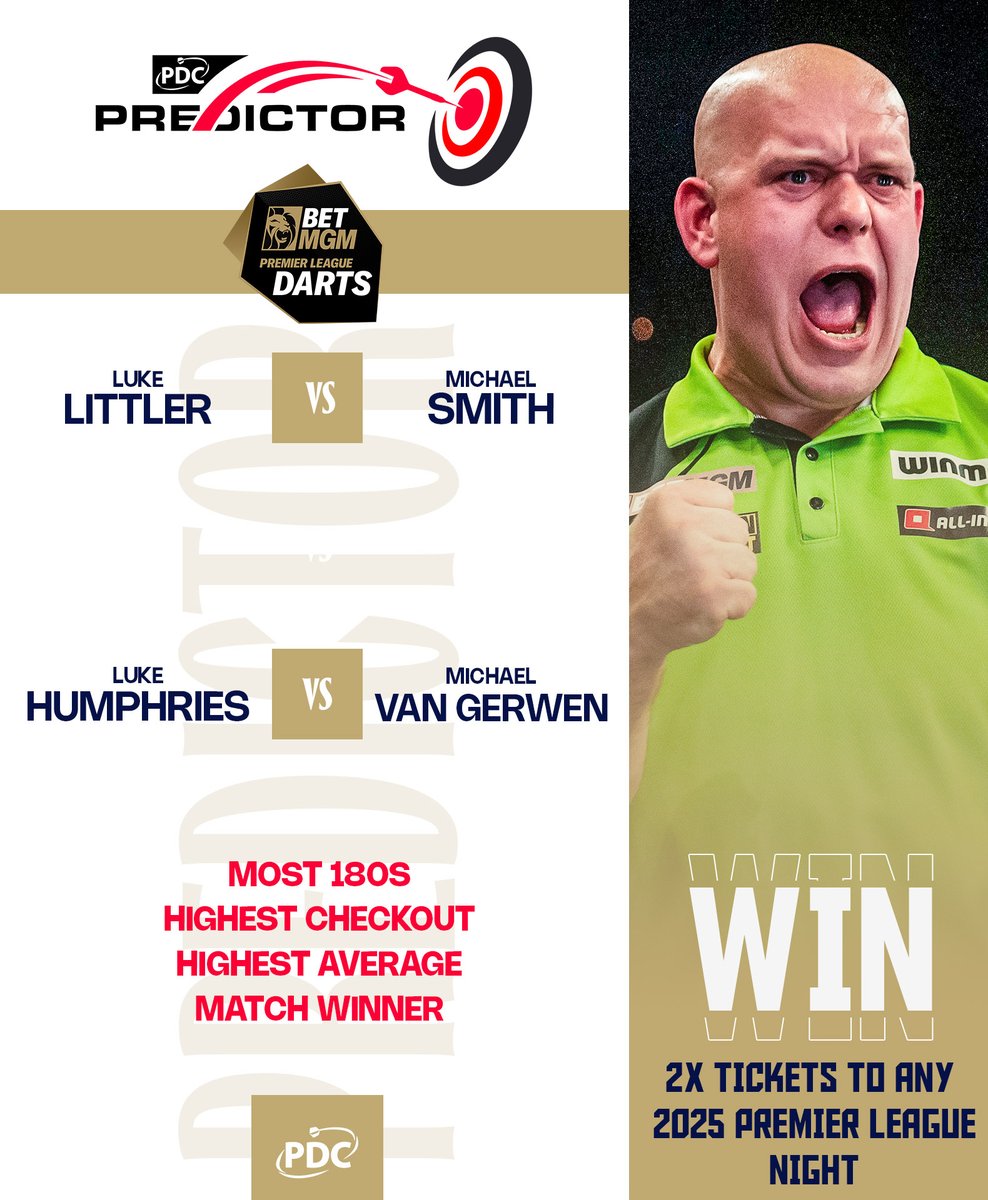 PDC PREDICTOR! 🎯 Who will be crowned 2024 Premier League champion at London's O2 tonight? 🏆 Submit your predictions before tonight's action for your chance to win 2x tickets to any Premier League night in 2025! 😍 Enter here 👉bit.ly/PDCGames