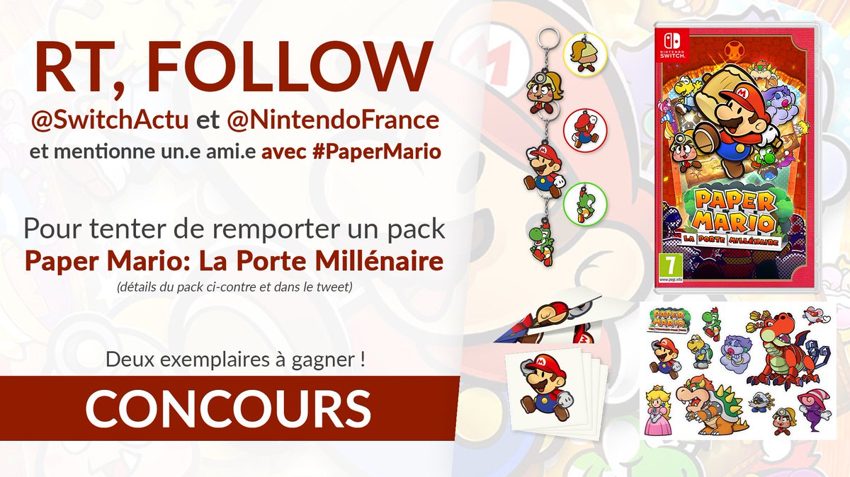 SwitchActu's tweet image. #CONCOURS - Tente de remporter un pack Paper Mario : La Porte Millénaire comprenant le jeu, un porte-clés aléatoire parmi les trois visibles sur l'image, une planche de stickers et un avion en papier !

Pour participer :
🔁 RT ce post
👉 Follow @SwitchActu et @NintendoFrance
🗨️…