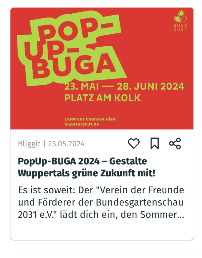 UweSchneidewind's tweet photo. Bis zum 28.06.2024 gibt es die #PopUpBUGA2031 auf dem Platz am Kolk in der Elberfelder Innenstadt. Tolles Programm und viele Informationen rund um die #BUGA2031. Heute Eröffnung mit einem Business Breakfast von Wuppertalaktiv. Infos und Programm unter https://t.co/xUGicZXGom https://t.co/kX80nVbJK5