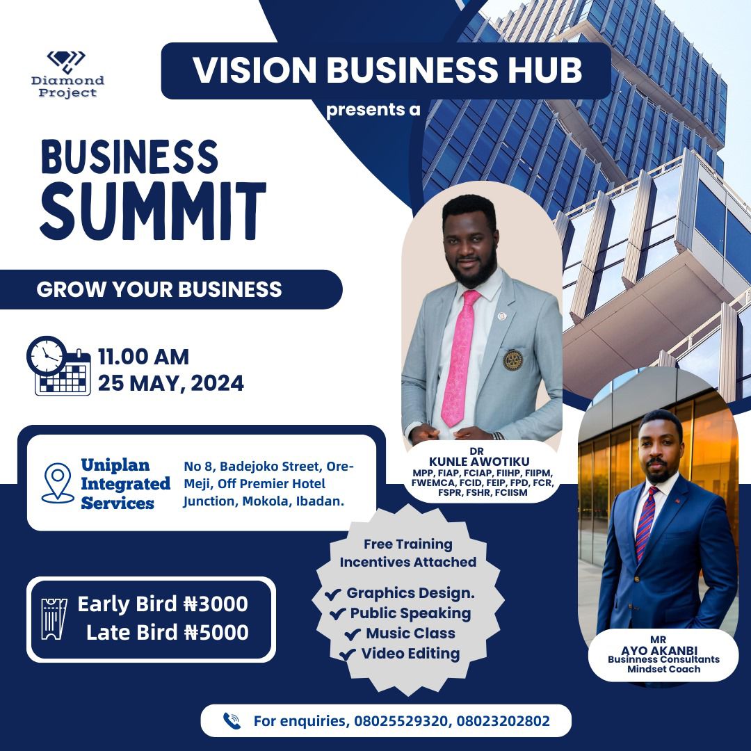 Are you tired of striving in your career? Or fed up with the crawling of your business?  

Then, We got your back !

This is one  Business summit you don't want to miss!

Do you want to be part of the train?

Send a Direct message to:
08105314346

Check flier for details