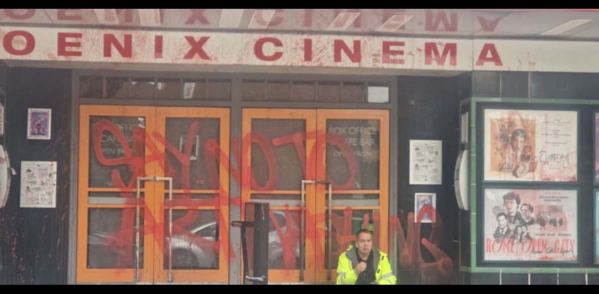 My local cinema. Now. ‘SAY NO TO ART WASHING’ For committing the crime of showing a documentary about Jews being murdered at a music festival. The modern Nazis are also protesting @Phoenixcinema tonight at 7. I’ll be there to greet them.