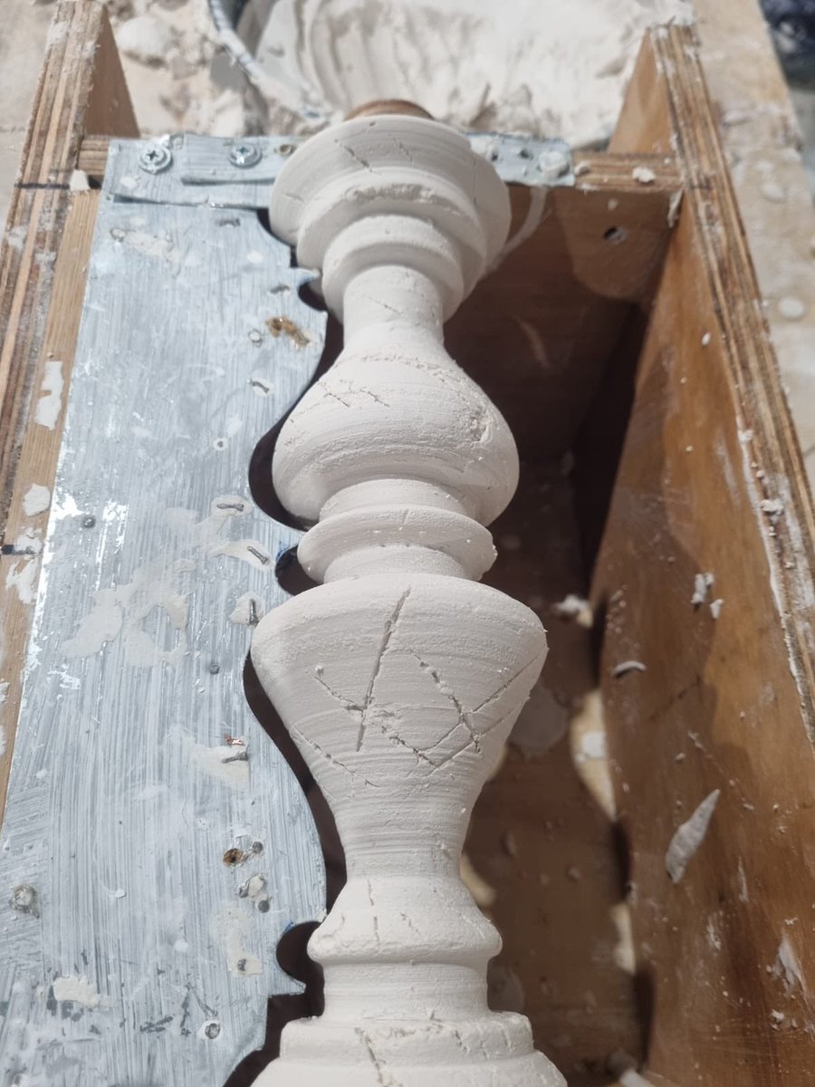 KLLangton's tweet image. ‘Match existing’ balustrade bottles being ‘squeezed’, spun &amp;amp; remoulded to be cast in crushed dolomite stone (Jesmonite). If you have a project we can help please just ask #jesmonite #industrialplasters #heritage #training #renovation #conservation #handcrafted #architects #lime