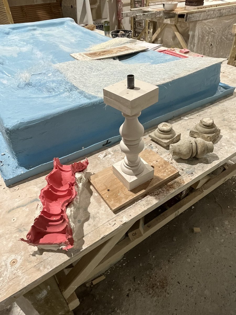 KLLangton's tweet image. ‘Match existing’ balustrade bottles being ‘squeezed’, spun &amp;amp; remoulded to be cast in crushed dolomite stone (Jesmonite). If you have a project we can help please just ask #jesmonite #industrialplasters #heritage #training #renovation #conservation #handcrafted #architects #lime
