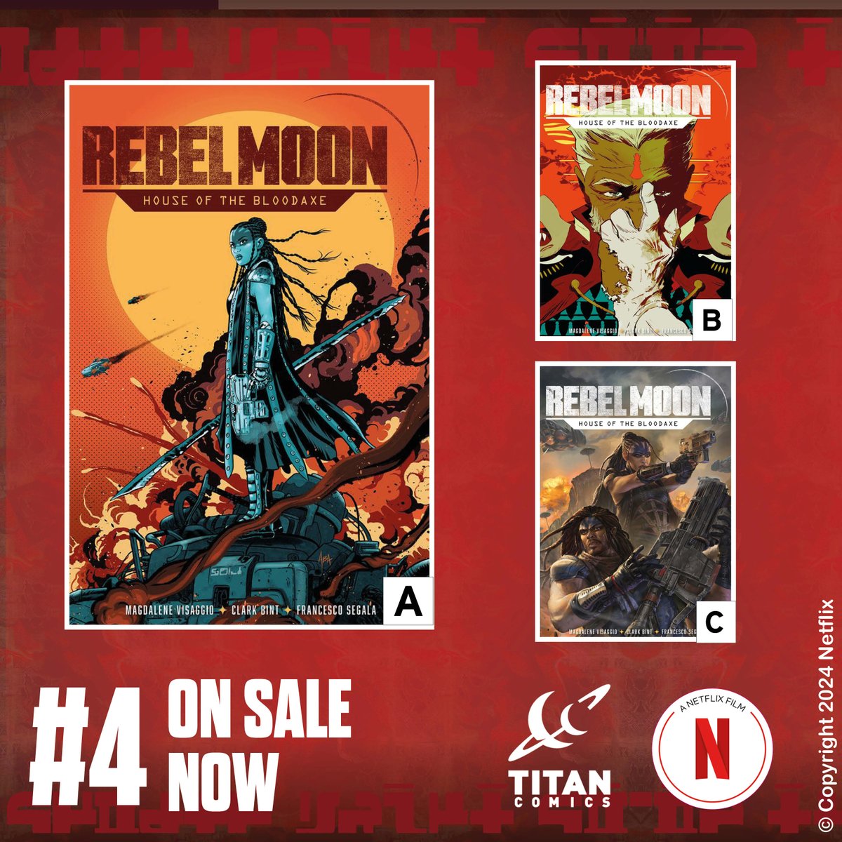 On sale NOW is REBEL MOON: HOUSE OF THE BLOODAXE #4 from @magsvisaggs (W) and @clarkbintart (A), story by Zack Snyder. The final issue of the prequel series to the hit blockbuster by @ZackSnyder is here! #rebelmoon #zacksnyder