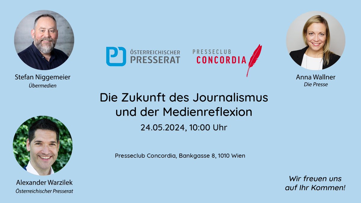 Morgen ist es soweit: In Kooperation mit dem @PCConcordia laden wir um 10 Uhr zu einer Diskussion über die aktuelle Lage des Journalismus in Deutschland & Österreich, mit dabei sind @media_wall und unser Ehrengast @niggi. Eine Teilnahme ist sowohl vor Ort als auch online möglich!